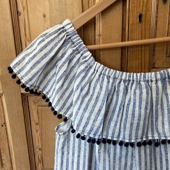 Joy Joy Large White Blue Striped‎ Blouse Off The Shoulder Embrodiered - Picture 10 of 12